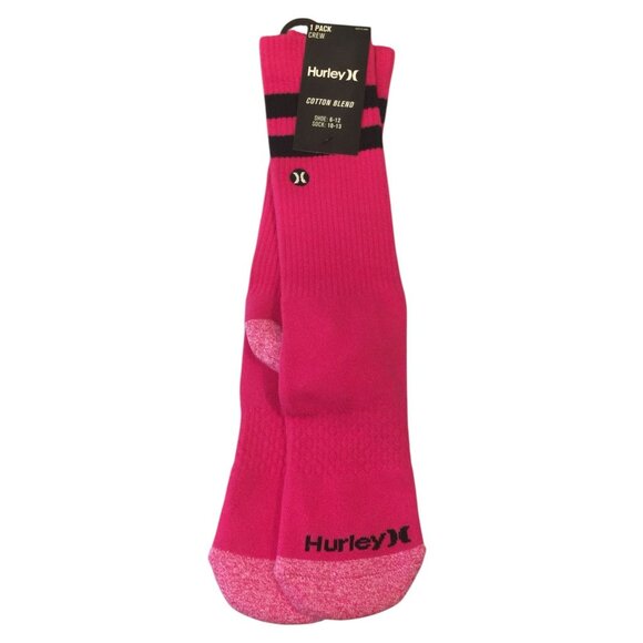 Hurley Men's Fuchsia Crew Socks Size 10-13 Black Stripes - Picture 1 of 4